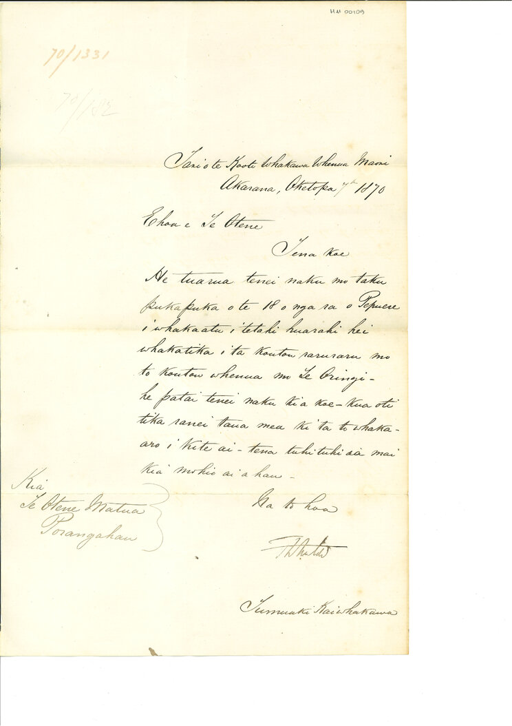 Letter from Chief Judge Fenton (Maori Land Court) to Te Otene Matua