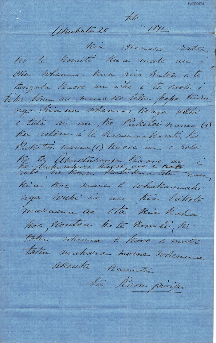 Letter from Rora Piripi to Henare Matua &amp; his komiti