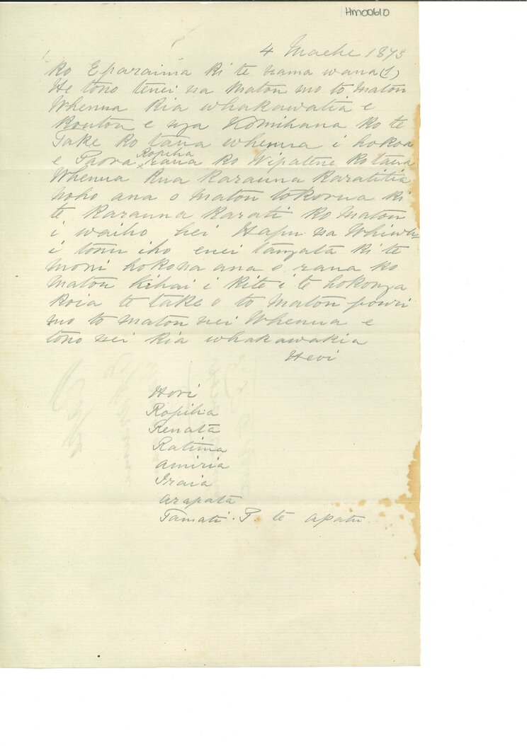 Letter from Hori Ropiha, Renata, Ratima, Amiria, Iraia, Arapata, Tamati Paora Te Apatu to unknown recipient