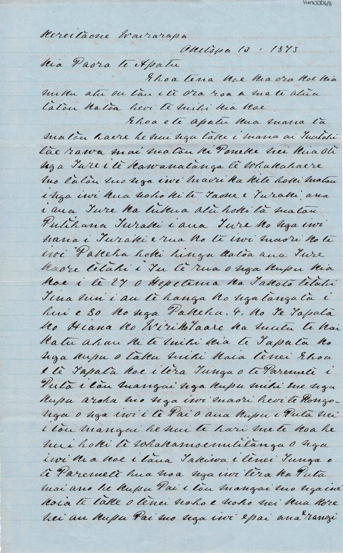 Letter from Henare Matua to Paora Te Apatu