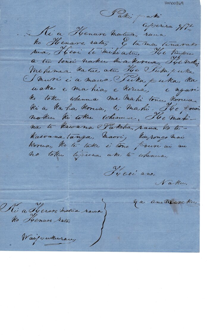 Letter from Ani Mereku to Henare Matua &amp; Henare Rata