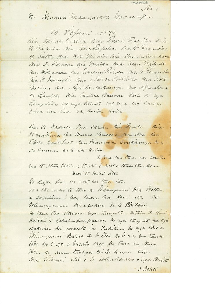 Letter from Tikawenga Te Tau &amp; others to Henare Matua &amp; his komiti