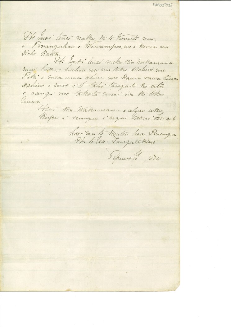 Letter from H Te Ua Tangatakino to Komiti o Porangahau