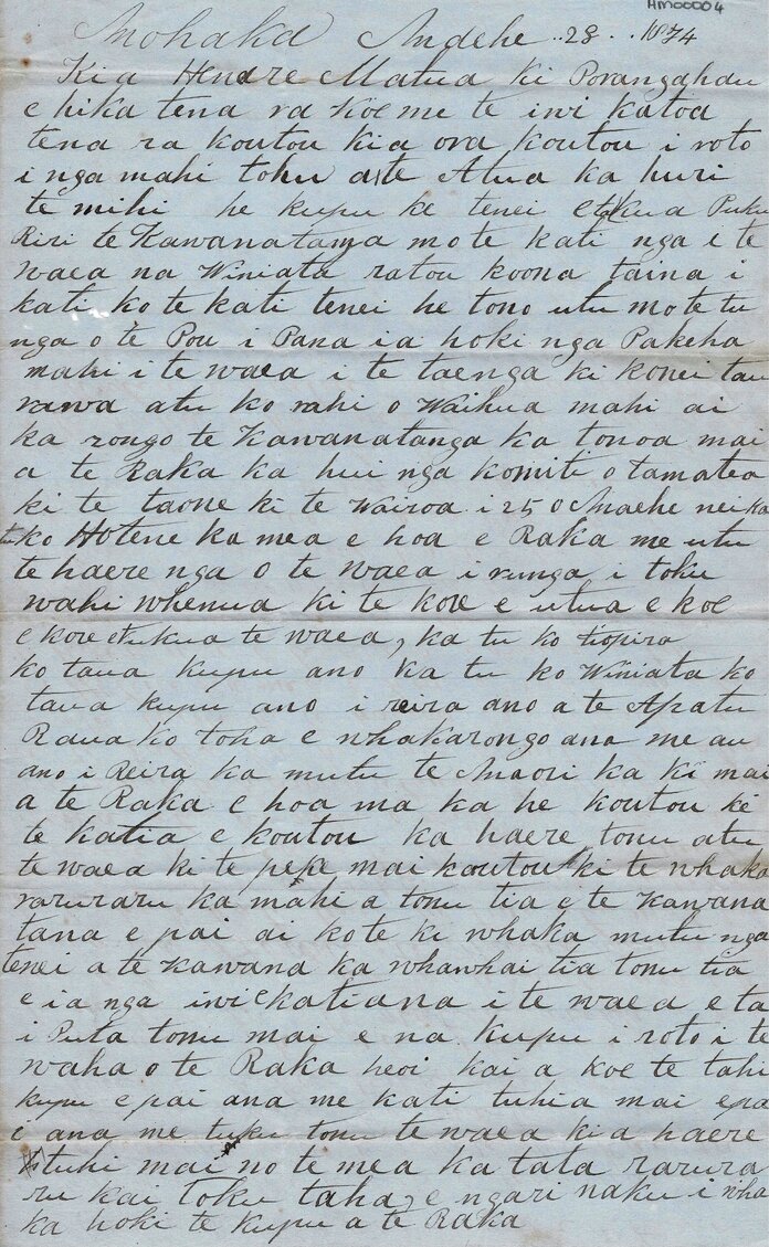 Letter from Hoani Te Wainohu to Henare Matua