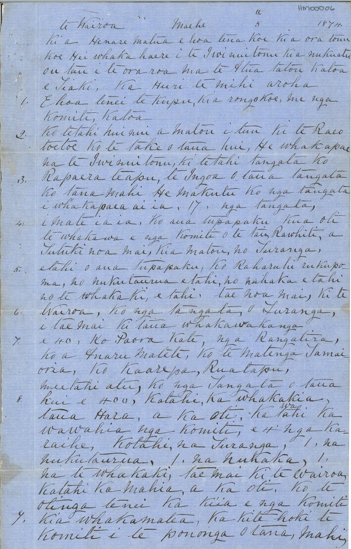Letter from Paora Te Apatu to Henare Matua
