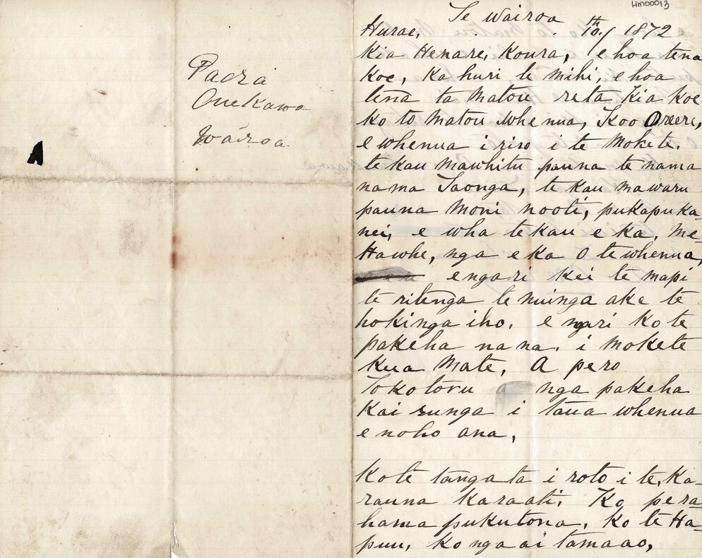 Letter from Paora Onekawa, Karepa Tiaki, Mere Tangitapuae &amp; whanau to Henare Koura