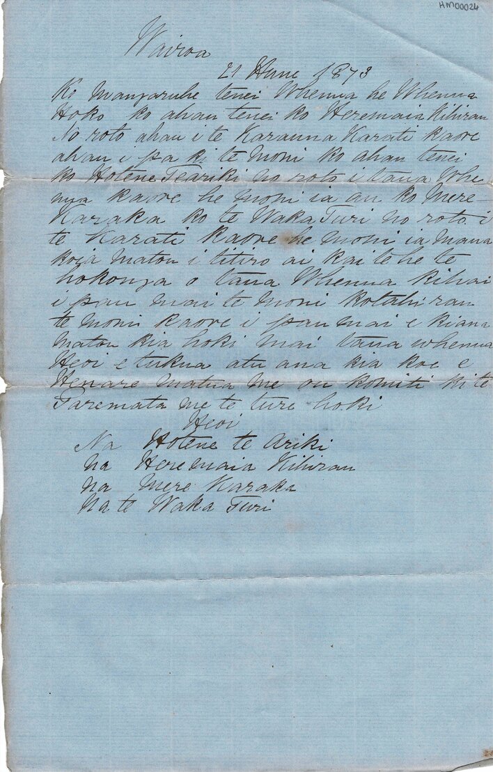 Letter from Hotene Te Ariki, Heremaia Kihirau, Mere Karaka &amp; others to Henare Matua &amp; his komiti