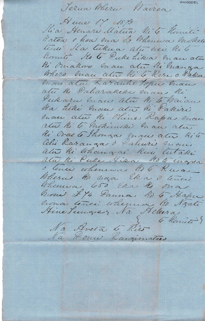 Letter from Hekara, Areta Te Rito and Punu Rangimataeo to Henare Matua and committee