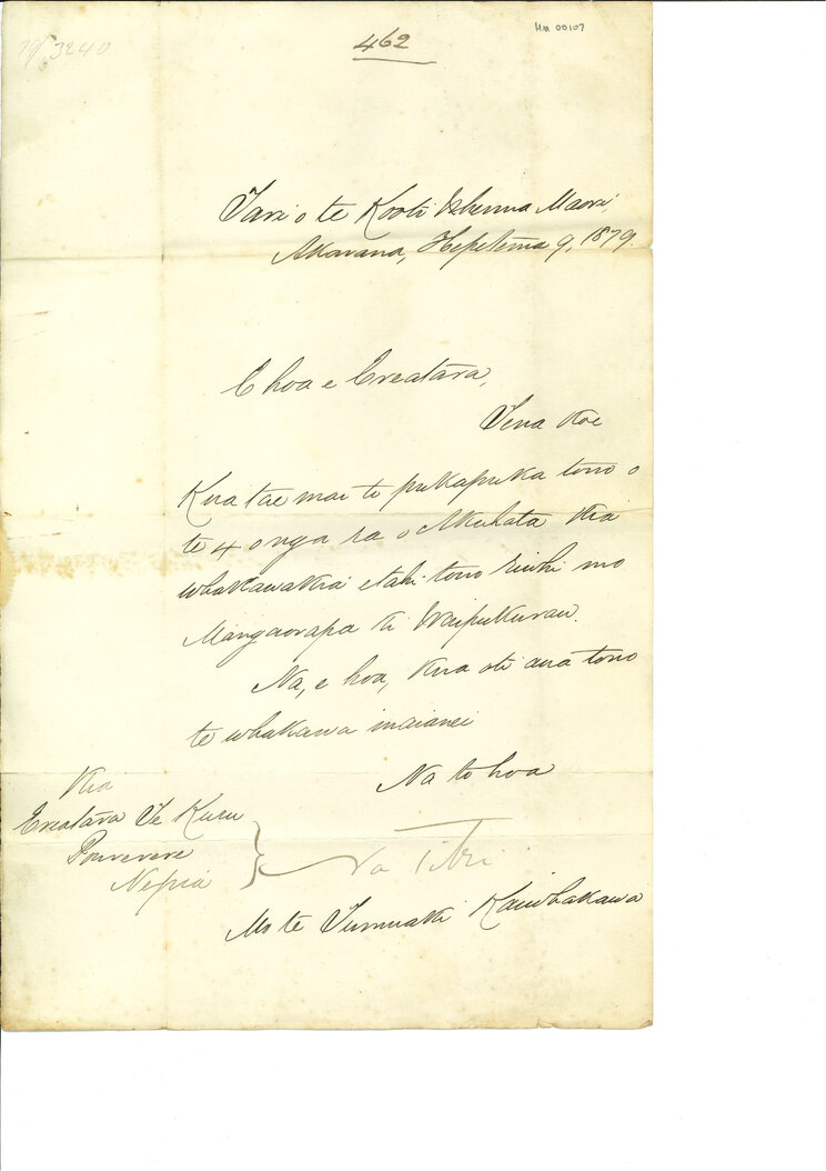 Letter from Te Kooti Whenua, of Akarana, to Ereatara