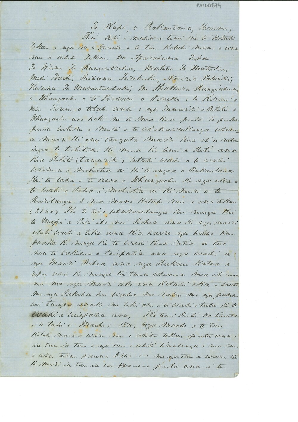 Letter from Eruini Wunu to the people of Rakautaua