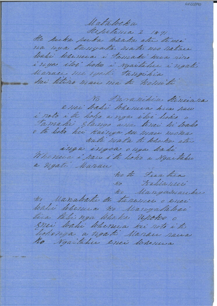 Letter from Paranihia Hineiara to the komiti