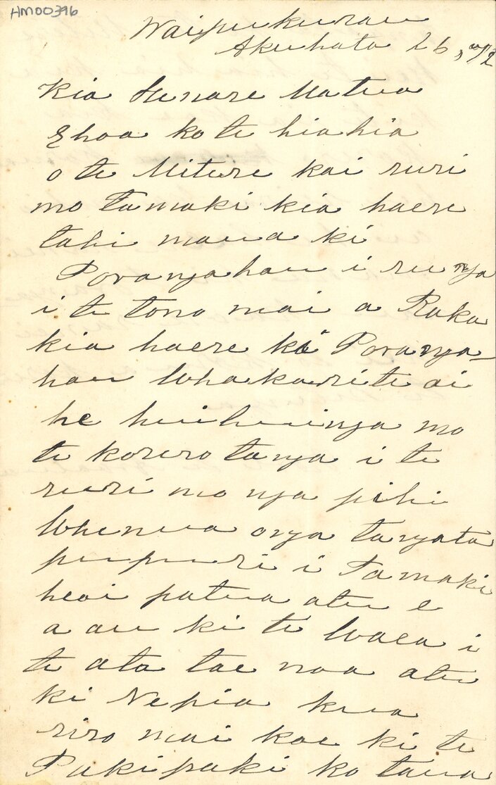 Letter from Hori Te Aroatua to Henare Matua
