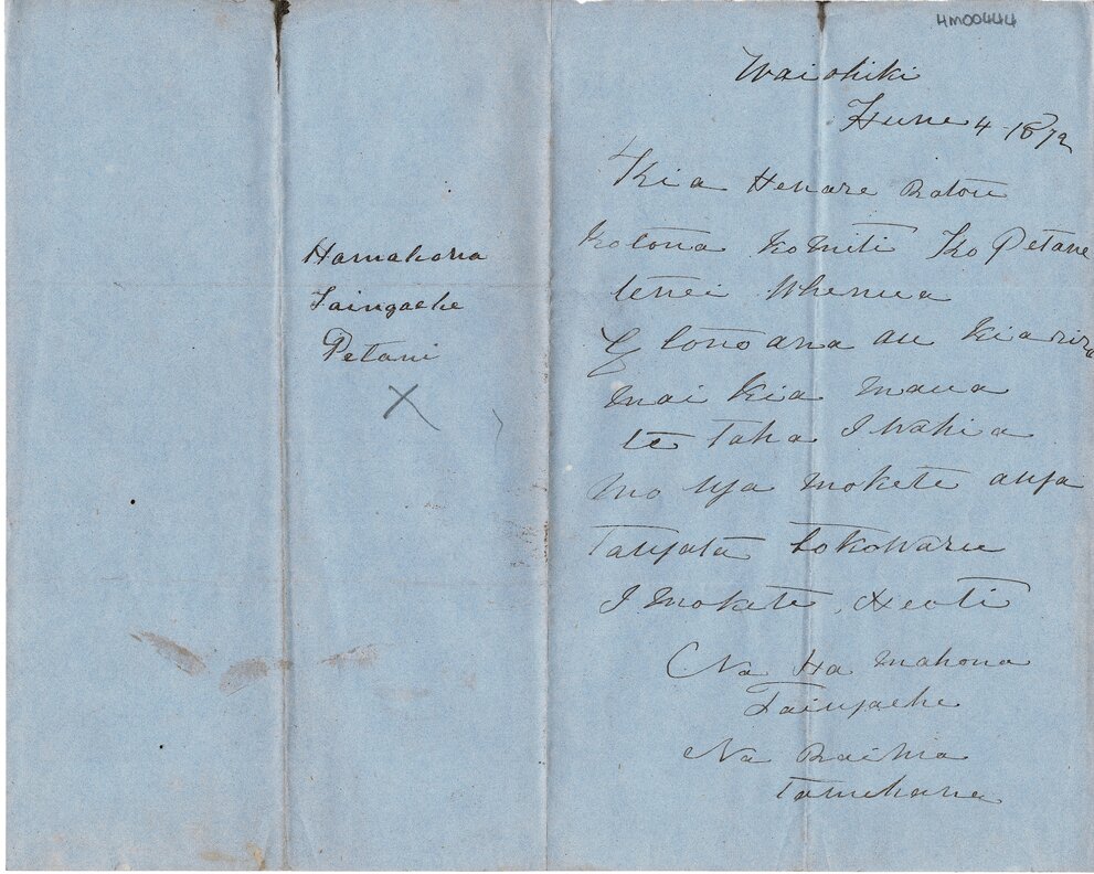 Letter from Hamahona Taiupaehe, Raima Tamihana to Henare Matua &amp; his komiti