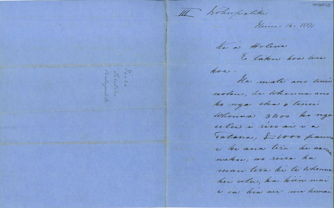 Letter from Paora Torotoro to Hotene Te Ariki