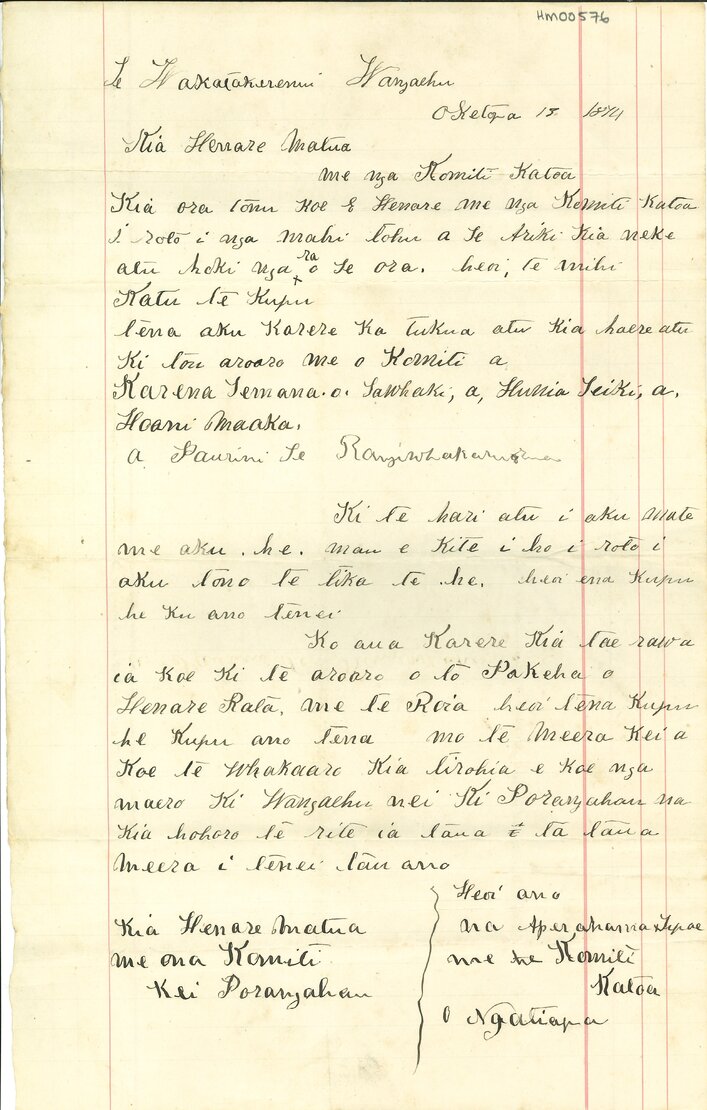Letter from Aperahama Tupae and the komiti to Henare Matua