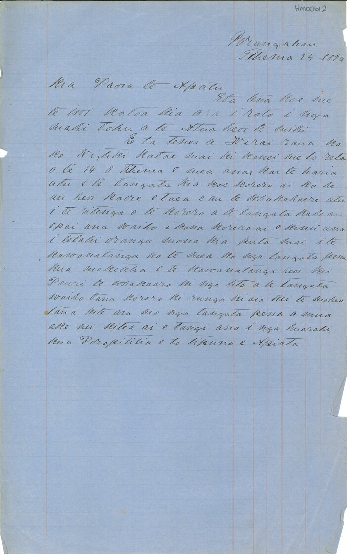 Letter from unknown sender to Paora Te Apatu