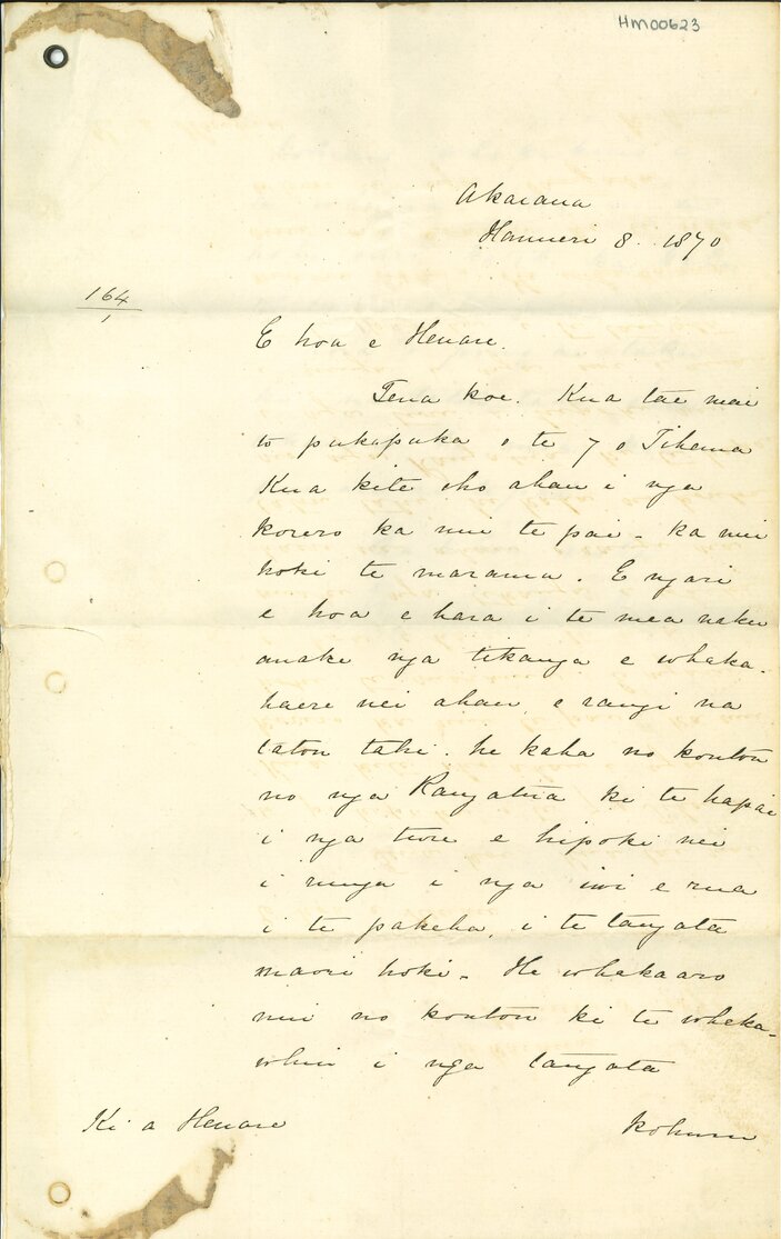 Letter from McLean to Henare Matua
