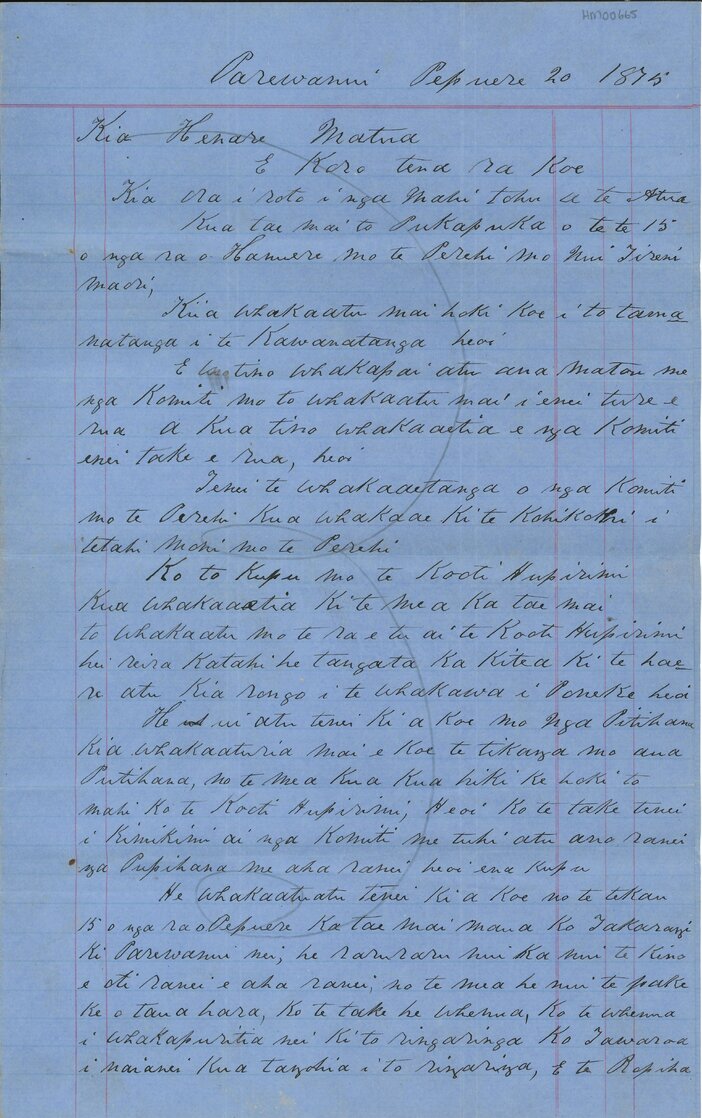 Letter from Aperahama Tipae to Henare Matua