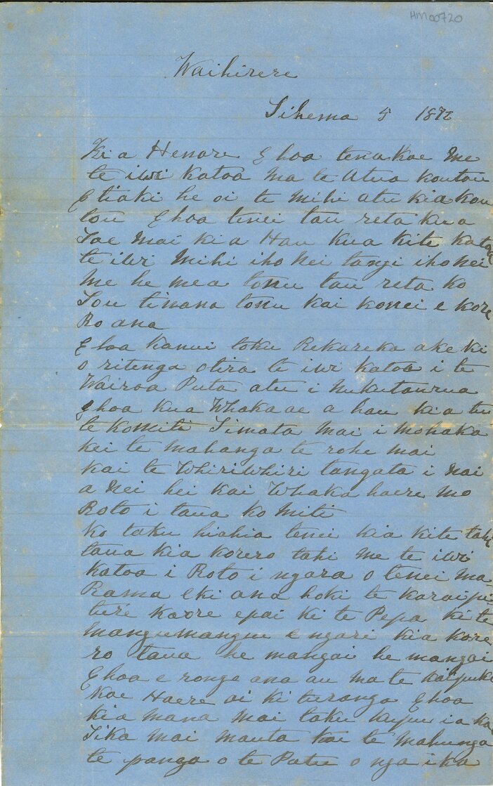 Letter from Paora Te Apatu to Henare Matua