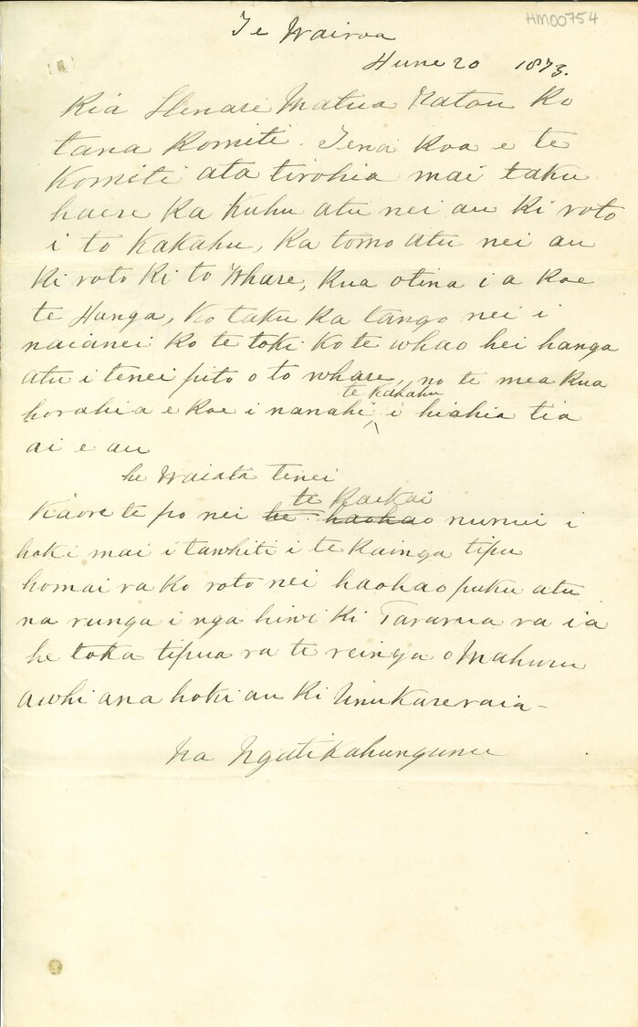 Letter from Ngati Kahungunu o Te Wairoa to Henare Matua