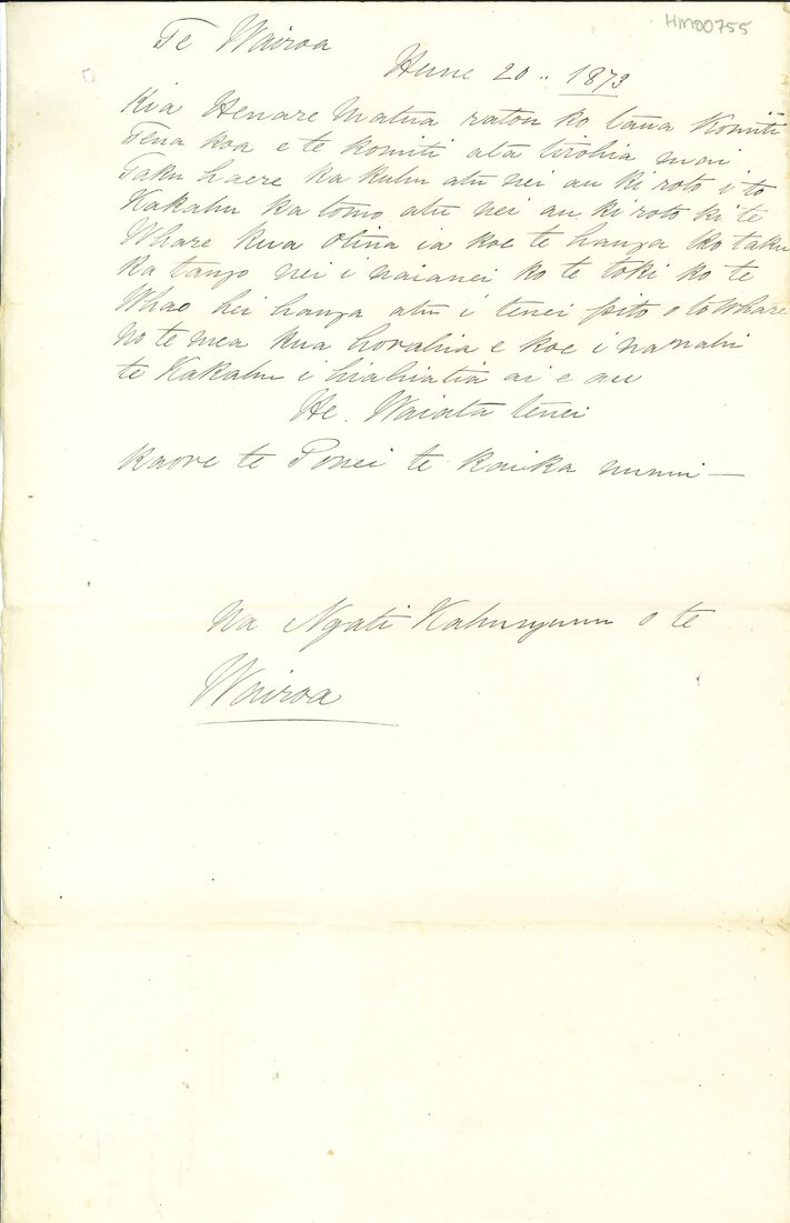 Letter from Ngati Kahungunu o Te Wairoa to Henare Matua