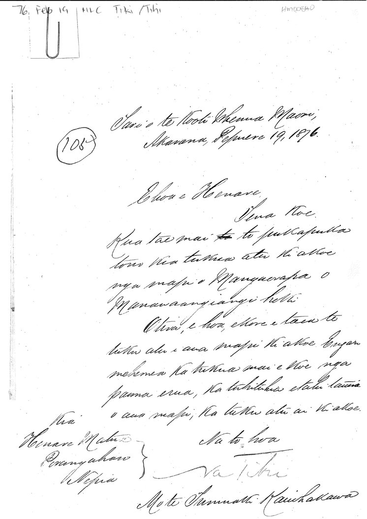 Letter from Tiki to Henare Matua