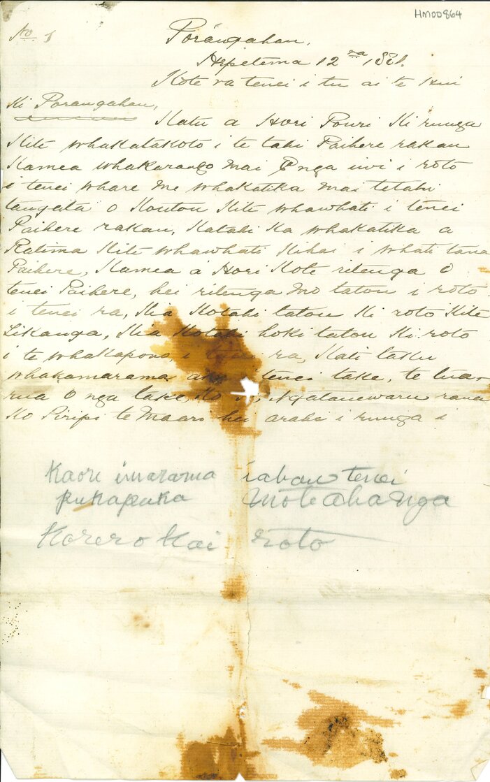 Letter about Porangahau unity meeting (Porangahau 1881-09-12)