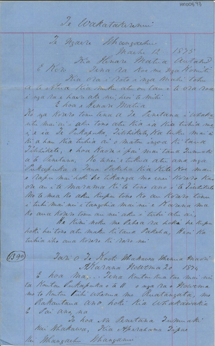 Letter from Aperahama Tipae and others to Henare Matua