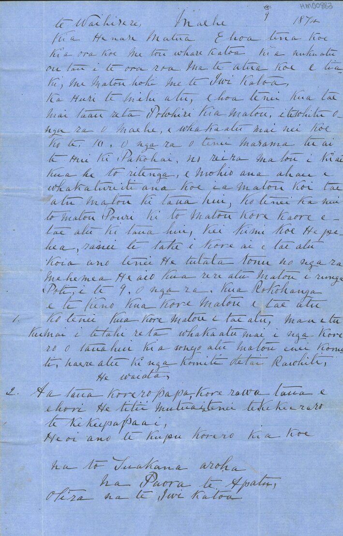 Letter from Paora Te Apatu to Henare Matua