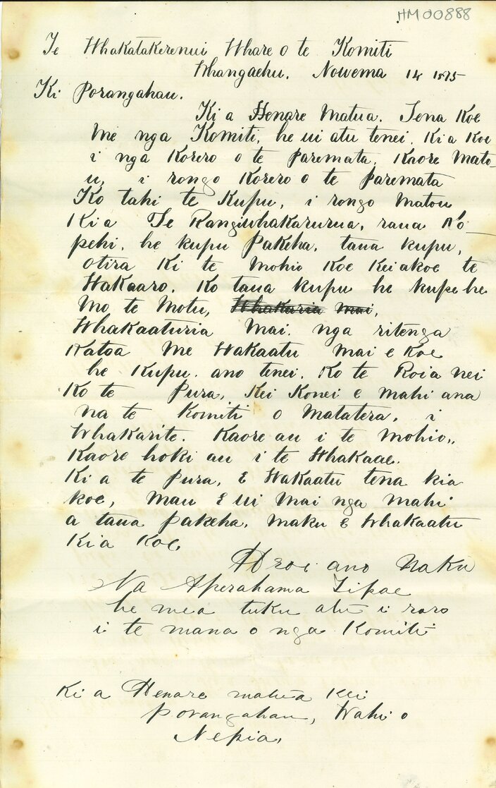 Letter from Aperehama Tipae to Henare Matua
