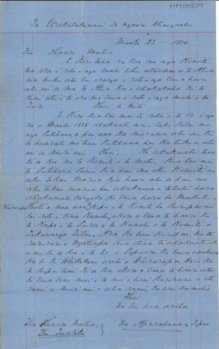 Letter from Aperehama Tipae to Henare Matua